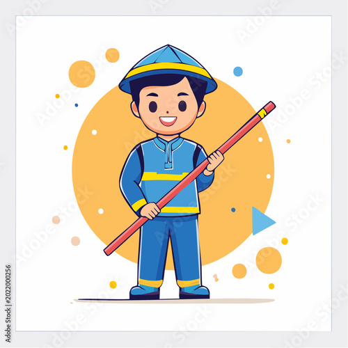 Cartoon Boy in Traditional Blue Outfit Holding a Red Stick