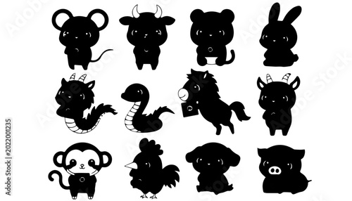 Canvas Print Chinese Zodiac Animal Silhouette Set – Rat, Ox, Tiger, Rabbit, Dragon, Snake, Ho