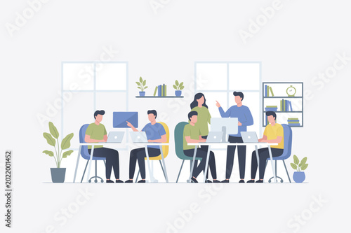 Modern Office Teamwork Illustration, Business People Working Together in Creative Workspace Vector