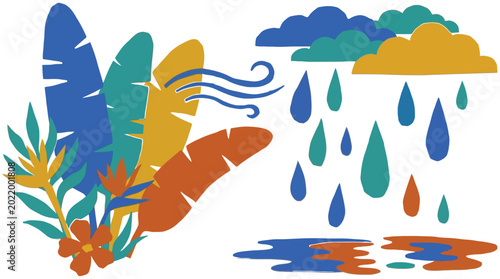Bild auf Leinwand Vibrant stylized depiction of tropical weather elements featuring lush foliage,