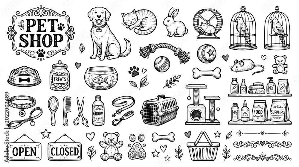 Fototapeta premium set of Pet Shop Clipart in black and white color Perfect for Design Ornaments. hand drawn