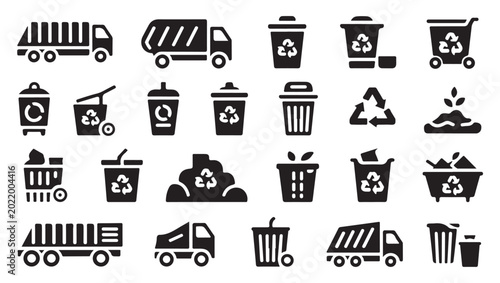 Fotografía Waste garbage trash icon set, recycling and refuse truck, street cleaner vehicle
