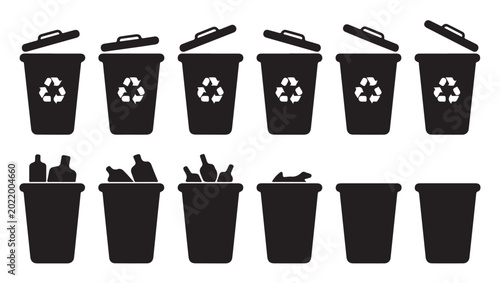 Bild auf Leinwand Recycling bins and containers for different types of waste and trash disposal vector graphics