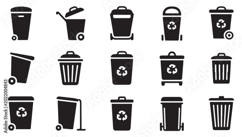 Schilderij op canvas Wheelie bin and outdoor garbage container silhouettes collection on transparent background