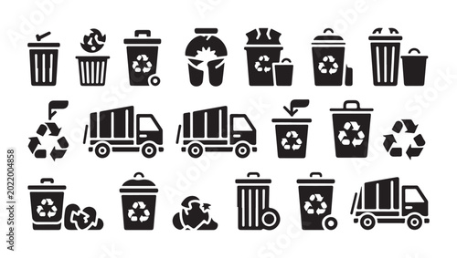 Valokuva Set of black trash can, recycle bin and garbage truck icons on transparent background