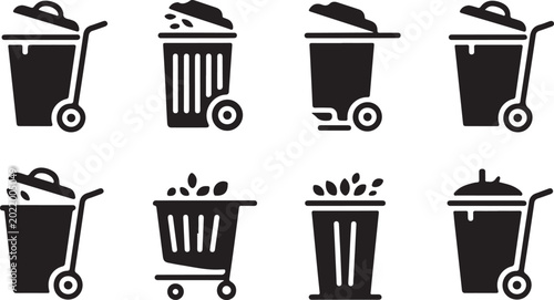 Bild auf Leinwand Wheeled trash cans and bins with various lid styles and fillings.