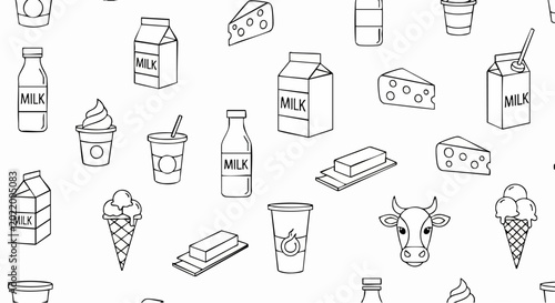 Seamless pattern with hand drawn dairy food products.