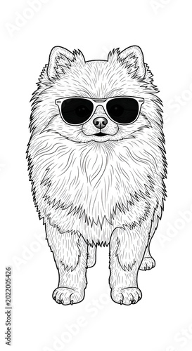 Fluffy Pomeranian Dog Wearing Sunglasses Stylized Sketch Isolated