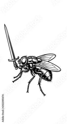 Fly Insect Warrior with Sword Detailed Line Art Illustration Isolated