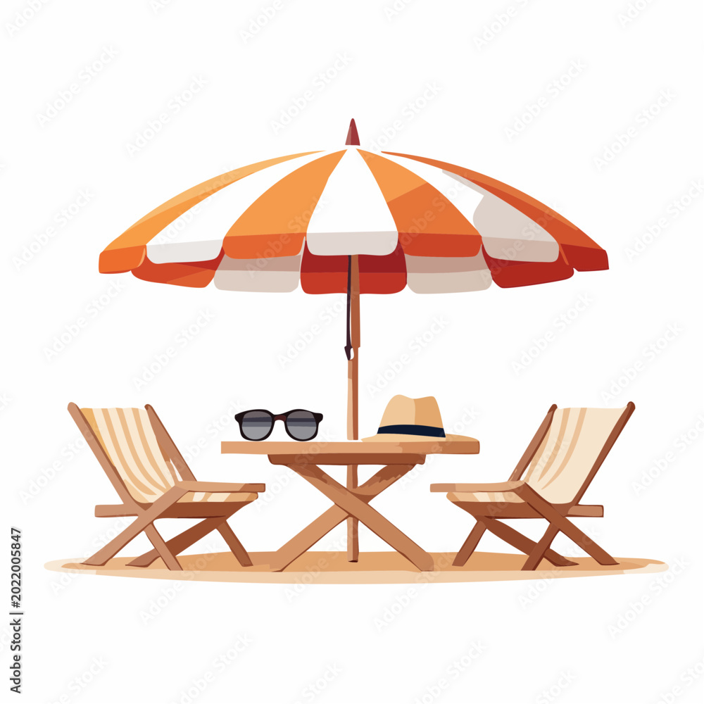 Fototapeta premium Beach Scene with Umbrella, Chairs, and Table