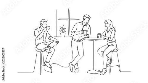 Continuous line drawing of people socializing.