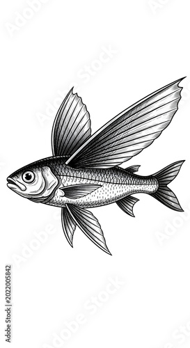 Flying Fish Illustration Isolated Transparent Background Detailed Drawing