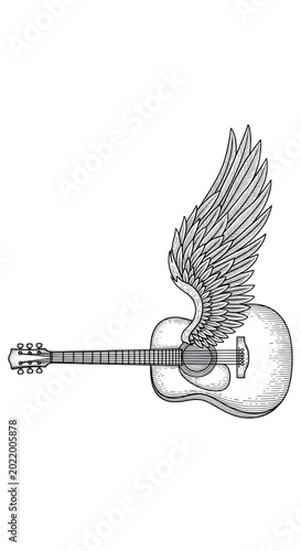 Flying Guitar With Wings Black And White Outline Illustration