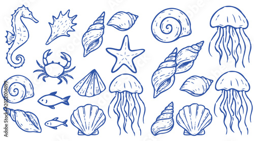 Tableau sur toile Hand-drawn collection of marine life and seashells in blue ink on a white backgr