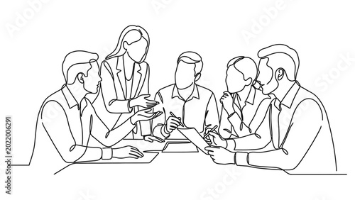 Continuous line drawing of business team meeting.