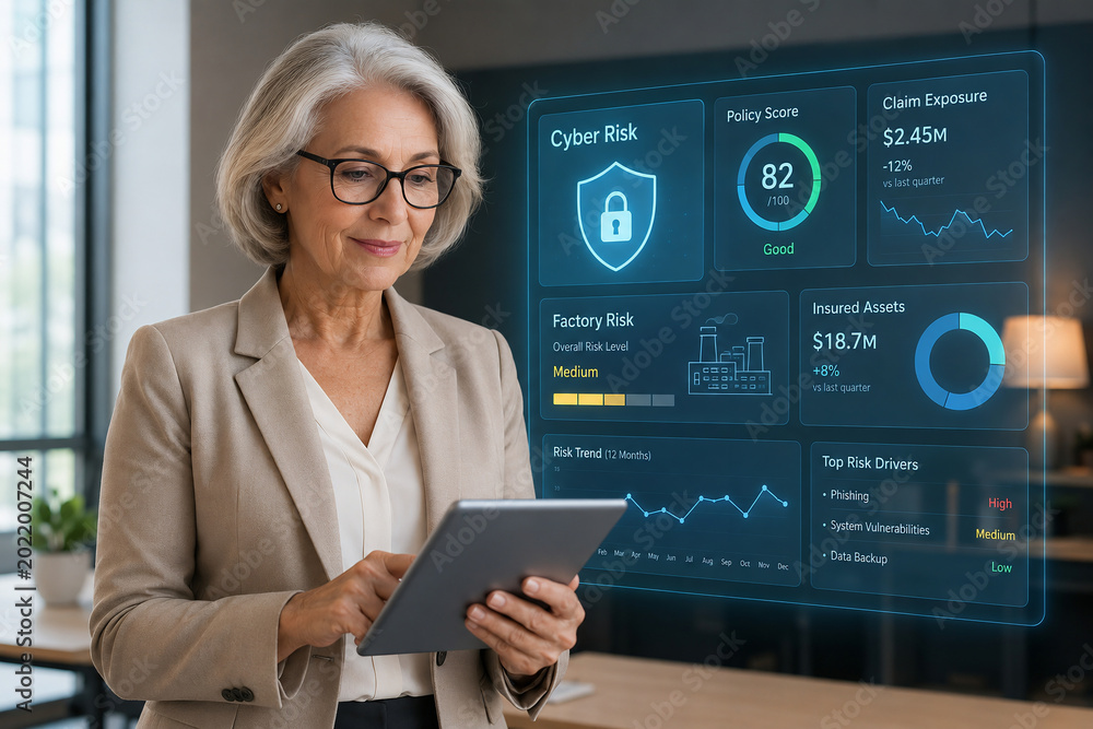 Mature Businesswoman Using Tablet with Futuristic Digital Risk Management Dashboard