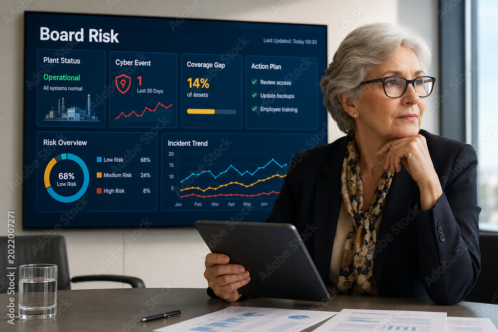 Senior female executive analyzing risk management dashboard on screen in office