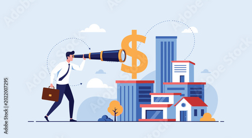 Businessman looks through a telescope at a large gold dollar sign on top of city buildings, symbolizing real estate and market research.