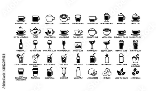 Vászonkép Sleek monochrome beverage vector set with hot cold drinks glasses and bottle ico