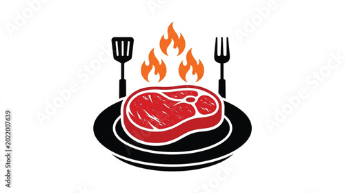 Tableau sur toile BBQ steak vector illustration set with grilling flames, fork and spatula icons,