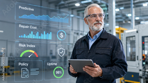 Senior Industrial Engineer Using Tablet with Predictive Maintenance Digital Interface in Factory