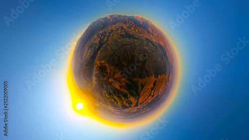 Bild auf Leinwand Tiny Planet Mountain Landscape at Sunrise in Kyrgyzstan