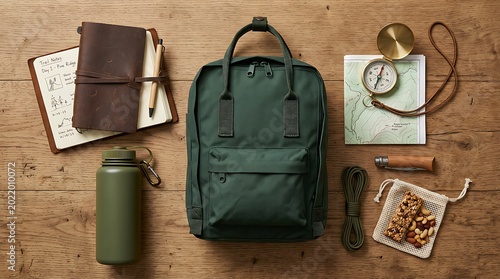 Outdoor Travel Gear Flat Lay. Adventure Essentials for Commercial Product Display & Marketing Campaign.