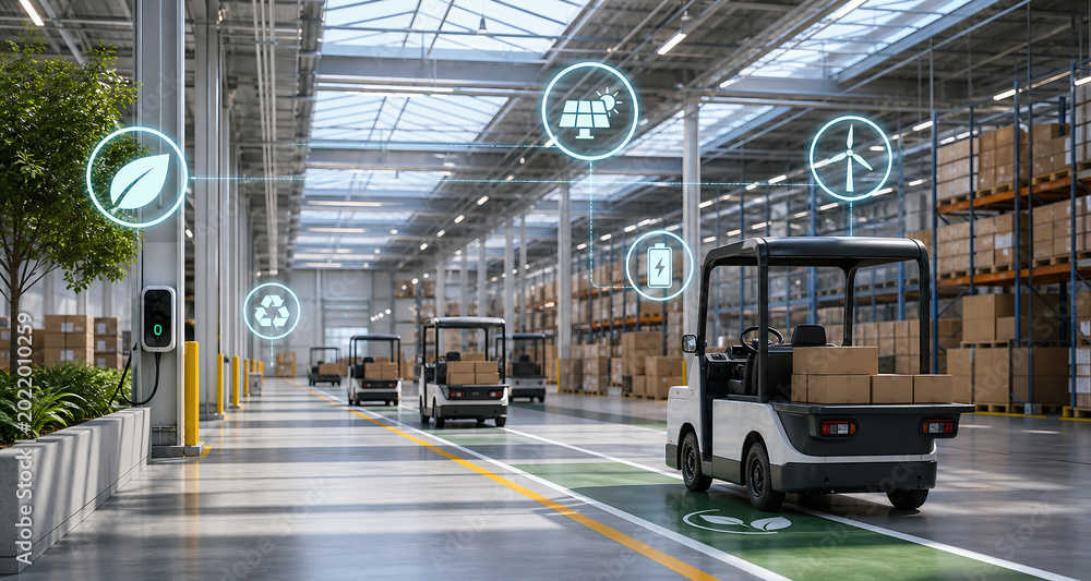 Sustainable Smart Warehouse with Electric Forklifts and Green Energy Icons