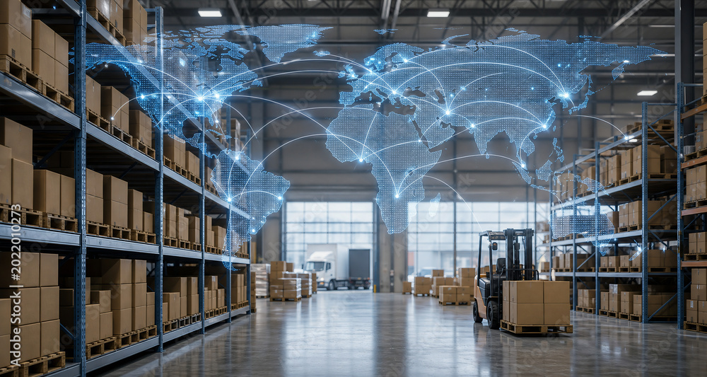Global Logistics and Supply Chain Management Concept with Digital World Map in Warehouse