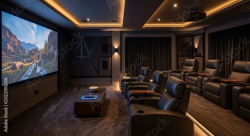 Home theater room with luxury leather recliners and large projection screen movie display.