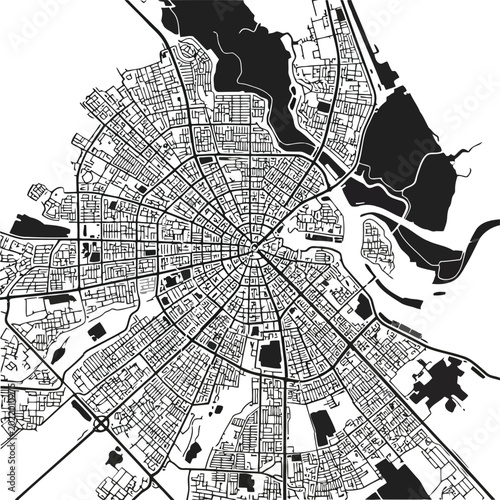 Fotografi Black and white city map illustration showing radial street layout of a modern u