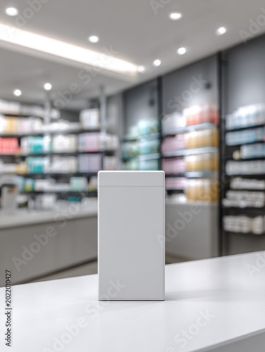 Blank White Product Box Mockup on Counter in Modern Pharmacy or Retail Store Aisles