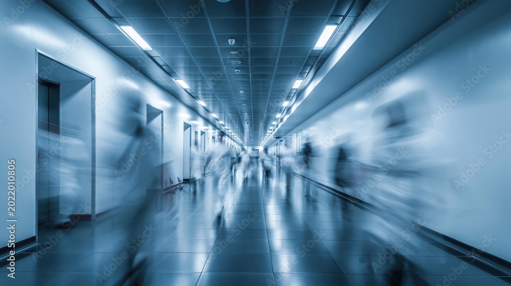 Obraz premium Blurry motion of people walking down a modern, brightly lit, long, blue-toned corporate hallway
