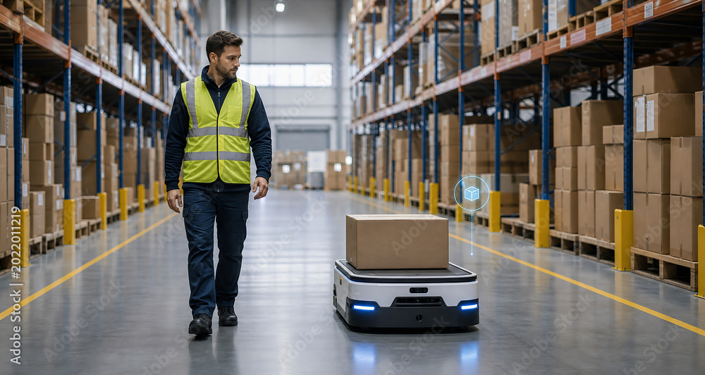 Warehouse worker walking with autonomous mobile robot transporting cardboard box