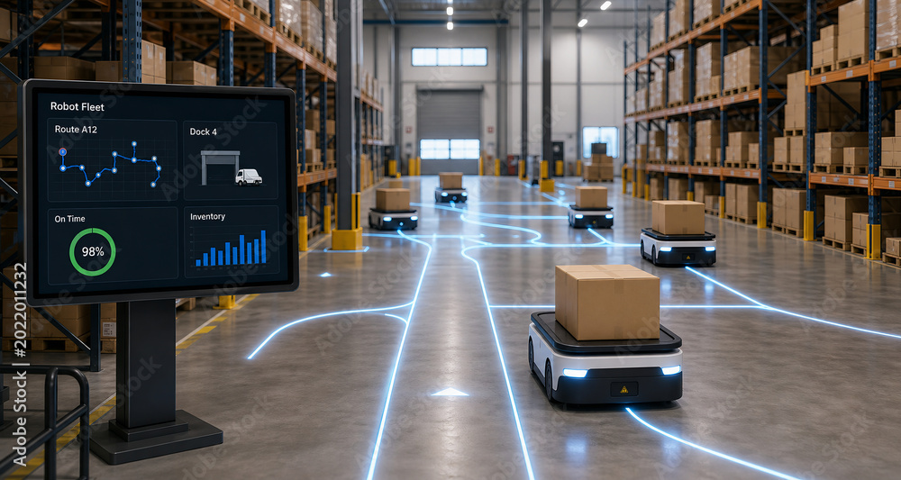 Automated Warehouse with Autonomous Mobile Robots and Digital Control Panel