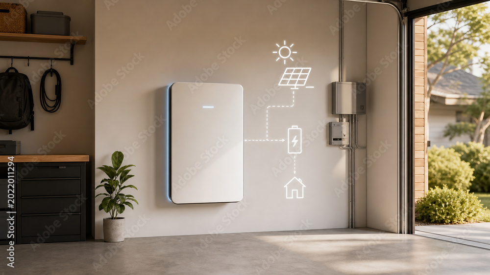 Obraz premium Modern Home Energy Storage Battery System with Solar Power Diagram in Garage