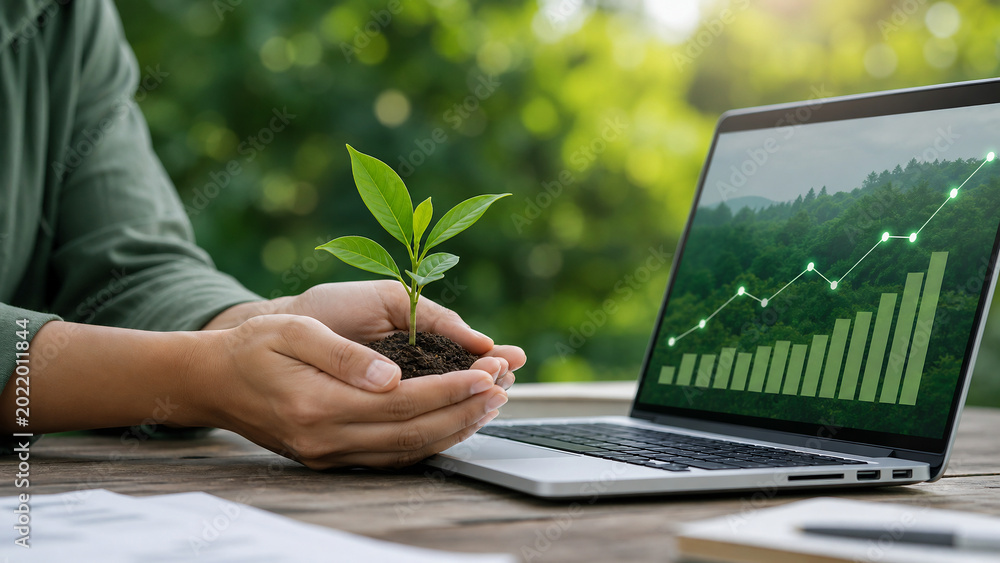 Hands holding a small plant with a laptop showing a growth chart on a wooden table