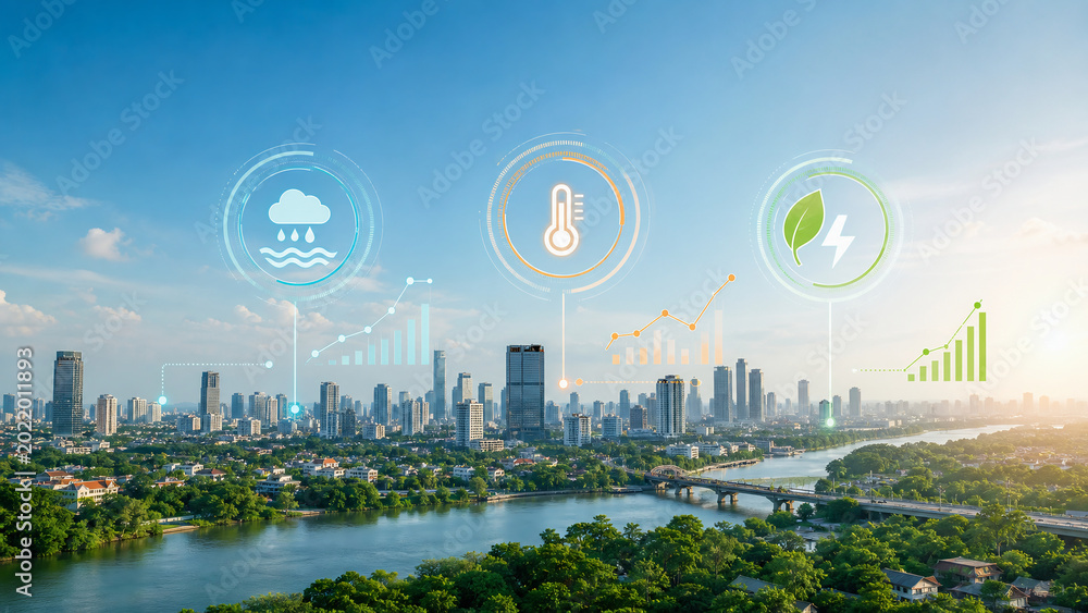 Smart City Concept with Environmental Monitoring and Green Energy Icons
