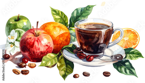 Fresh Coffee With Apples Oranges Citrus Fruit Watercolor Isolated