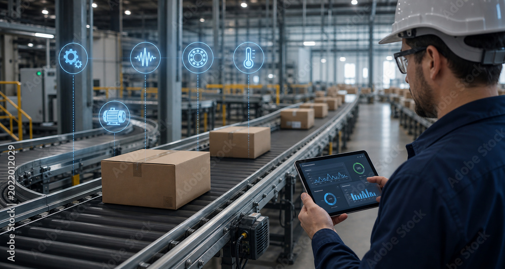 Engineer monitoring automated conveyor belt system with digital tablet in smart warehouse