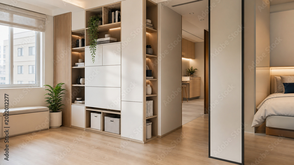 Modern Minimalist Studio Apartment Interior with Built-in Storage and Open Plan Layout