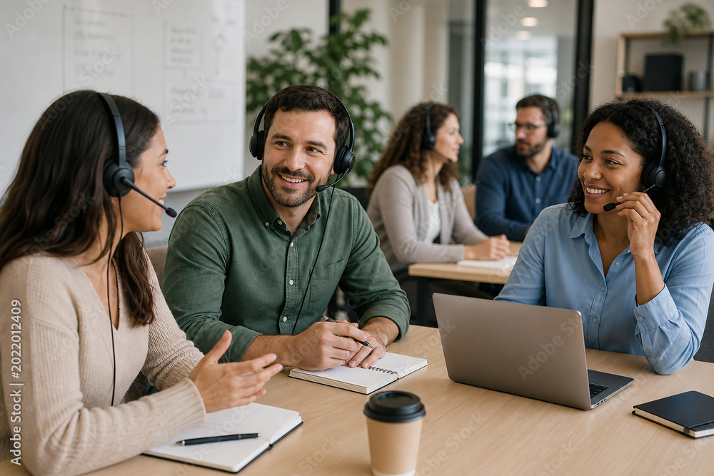Diverse Group of Call Center Agents Working in a Modern Office