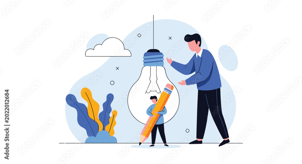Fototapeta premium Creative collaboration between a mentor and a trainee working together inside a giant light bulb to develop innovative business ideas.