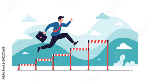 Determined businessman jumps over a series of rising hurdles to overcome business challenges and achieve long-term career success.