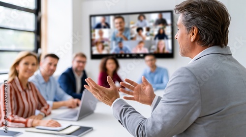 Business people attending hybrid meeting, video conference collaboration