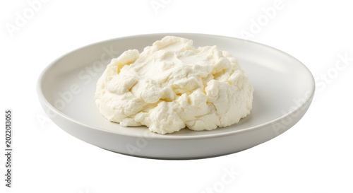 Fresh Ricotta Cheese Pile on White Plate Isolated on Transparent Background