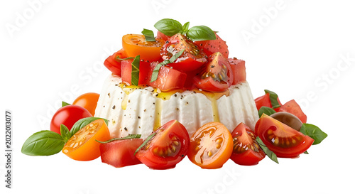 Fresh Ricotta Cheese With Cherry Tomatoes and Basil Isolated Transparent Background
