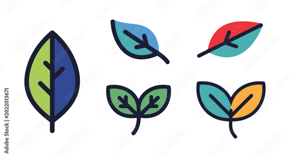 Fototapeta premium Leaf Line art vector set minimal colorful shapes illustration