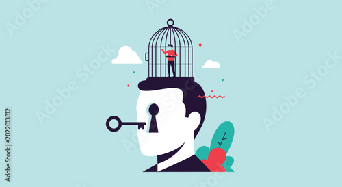 Human head with a keyhole and a man inside a birdcage on top representing mental health, psychological barriers, and unlocking potential.