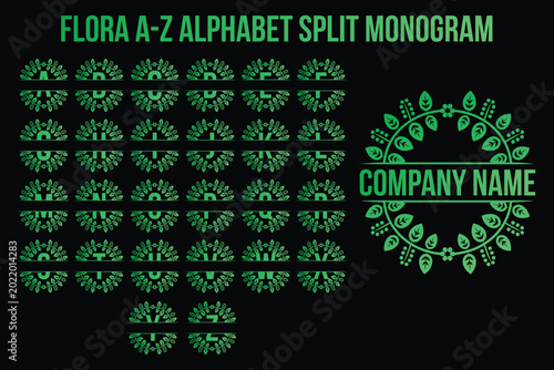 Floral Alphabet Split Monogram Green Vector Set. Botanical Initial Letters for Branding and Logo Design